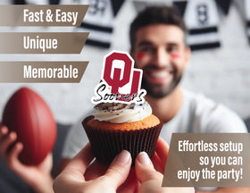 Partykandy OU Sooners swirl decorations add color and movement to the party space.