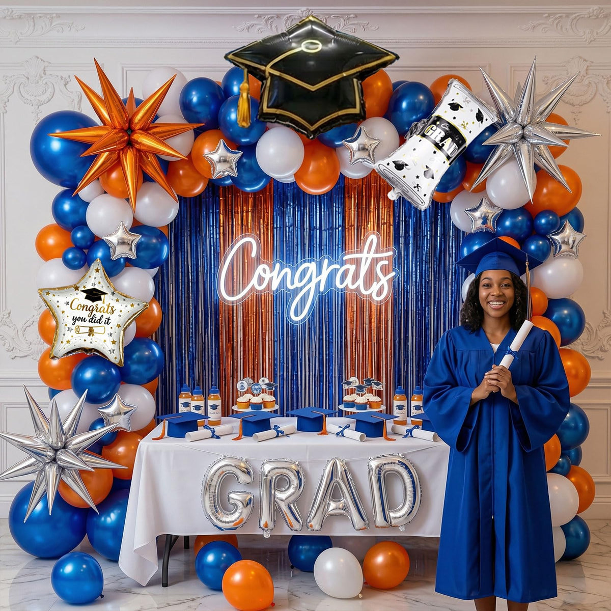 PartyMigo foil GRAD letters create a bold centerpiece accent.