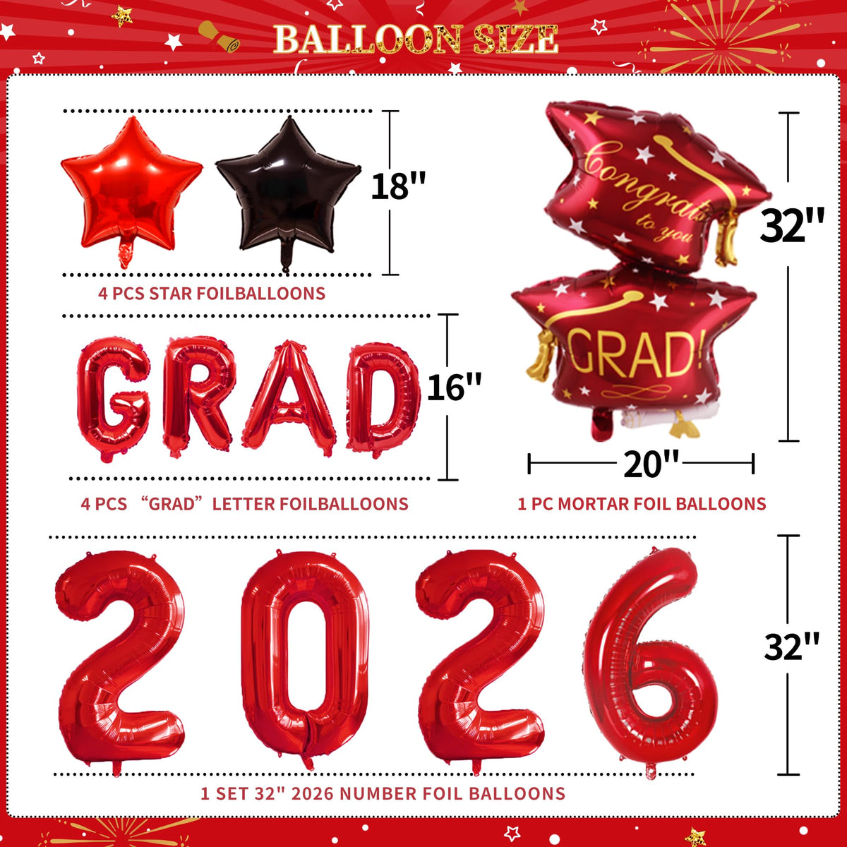 Party Spot graduation balloon arch with red, black, and gold accents.
