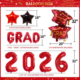 Party Spot graduation balloon arch with red, black, and gold accents.