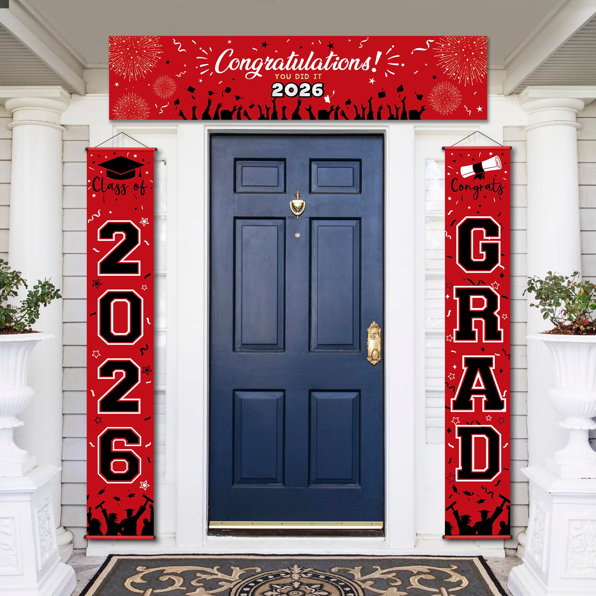 Party Spot grad-themed foil balloons add shiny focal points.