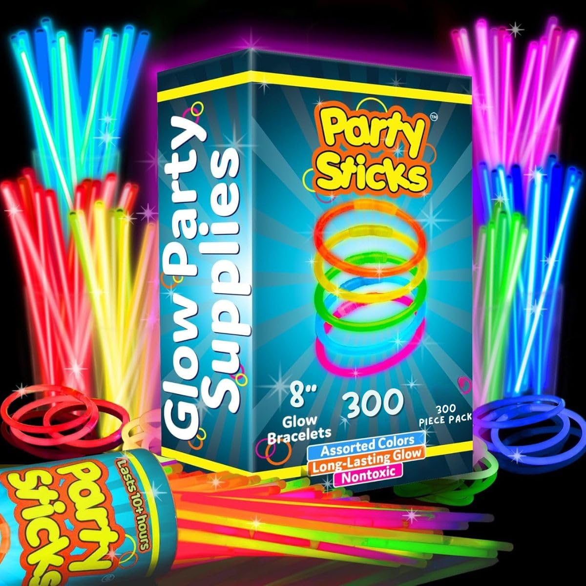 PartySticks glow sticks 300-pack with vibrant colors for lively party accents.