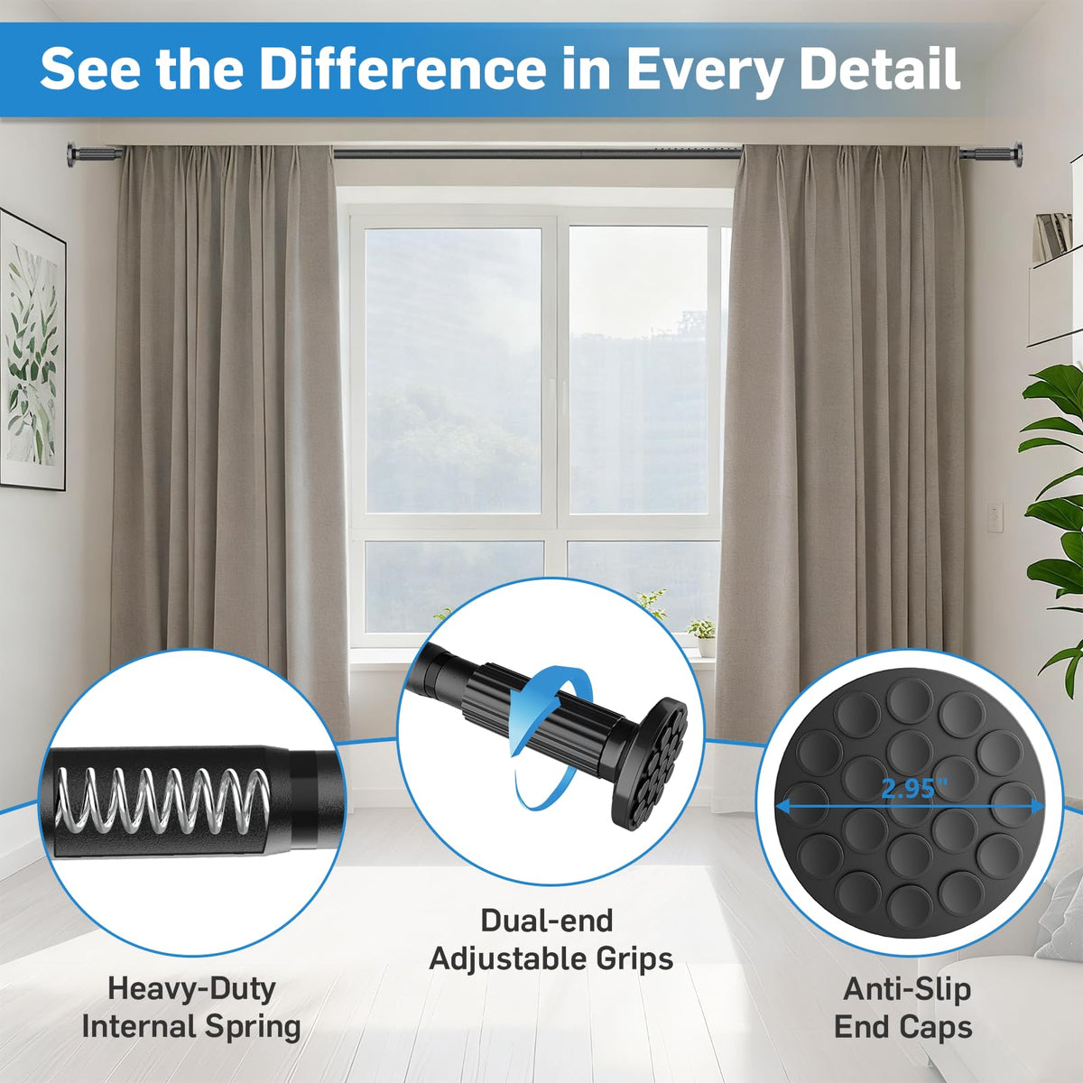 Parutta tension rod with anti-slip end caps protecting walls.