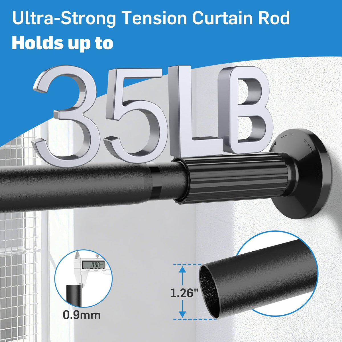 Parutta tension rod showing 1.26 inch diameter for sturdy support.