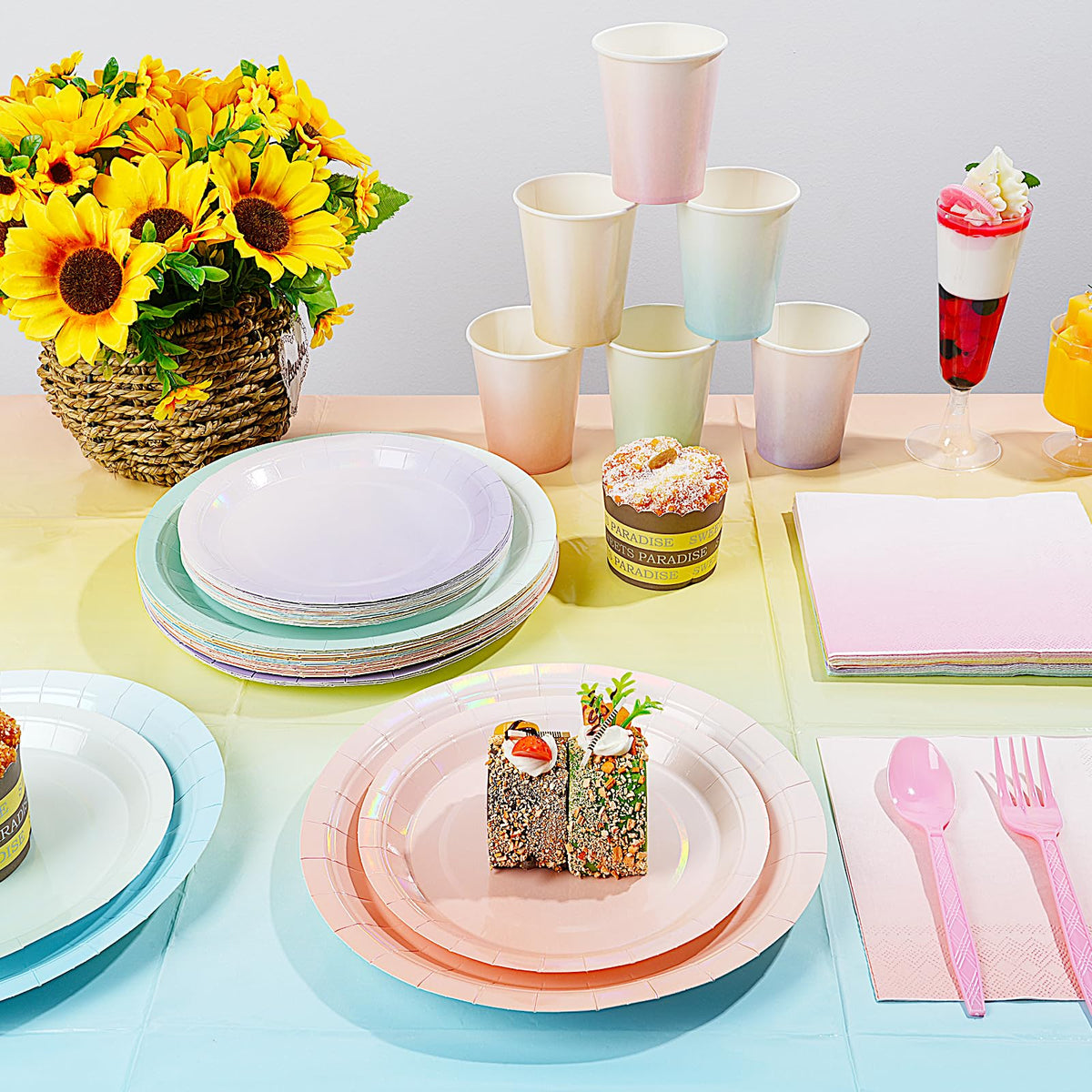 Pascliyna iridescent pastel 9oz cups for easy serving and quick cleanup.
