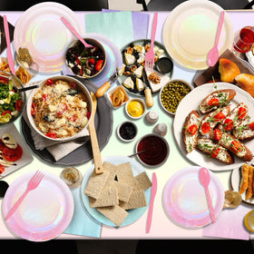 Pascliyna iridescent pastel flatware set completes disposable tableware.