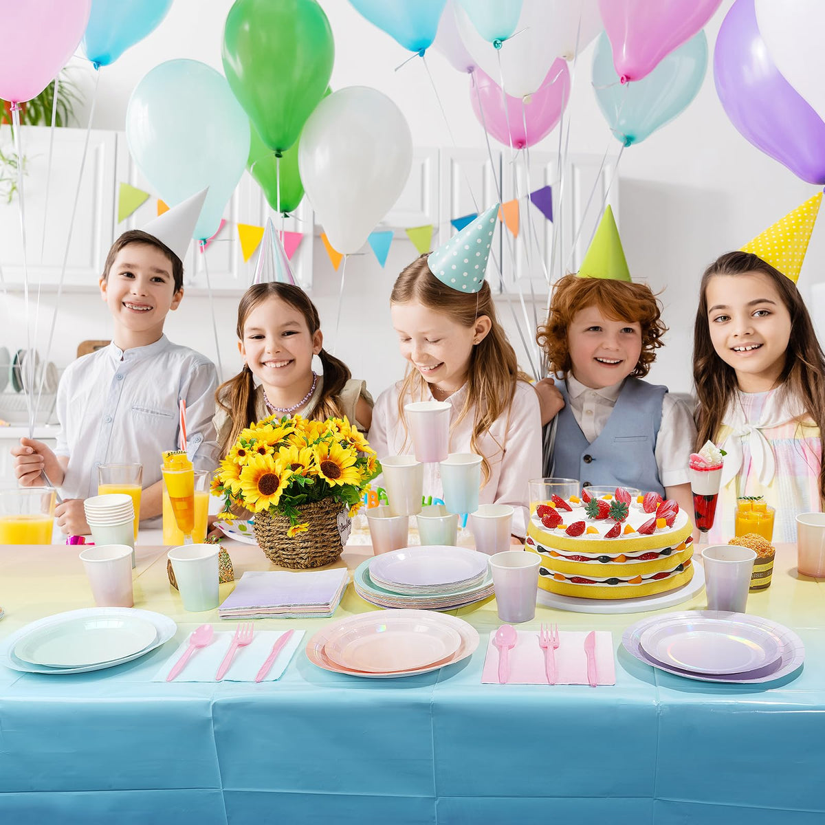 Pascliyna pastel rainbow setup ideal for celebrations with minimal cleanup.