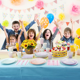 Pascliyna rainbow holographic tableware creates vibrant party ambiance.