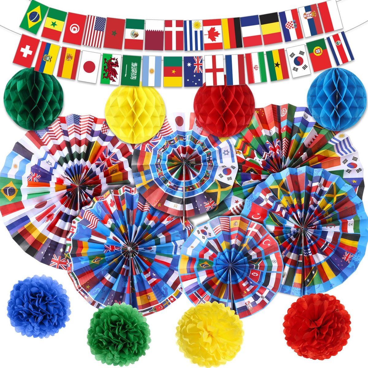 Pasimy world flags banner displaying 32 flags for vibrant classroom decor