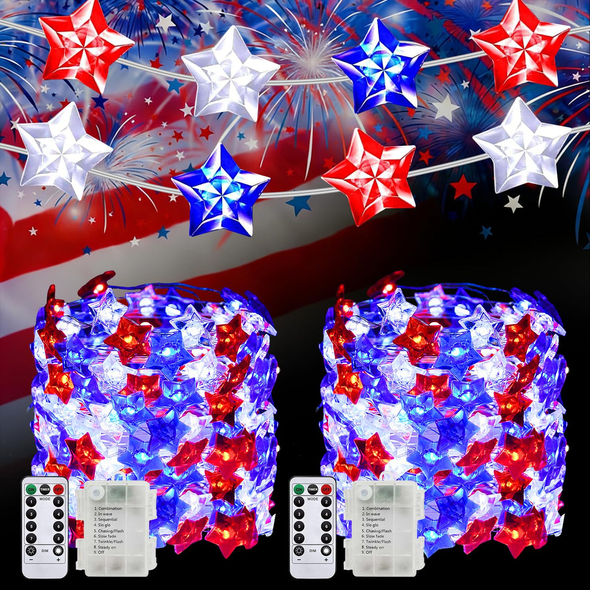 PASUTO 100 LED red white blue star lights create a vibrant patriotic display for the 4th of July.
