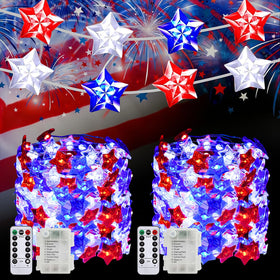 PASUTO 100 LED red white blue star lights create a vibrant patriotic display for the 4th of July.