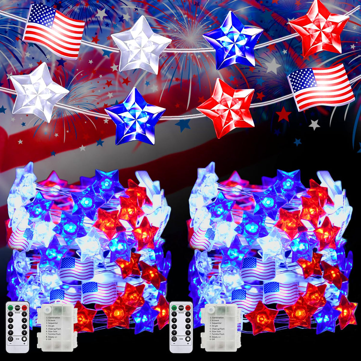 PASUTO two pack 100 LED fairy lights for patriotic decor indoors and outdoors