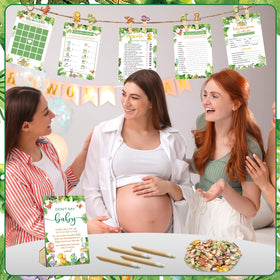 Patelai dinosaur baby shower table decor enhances party ambiance.