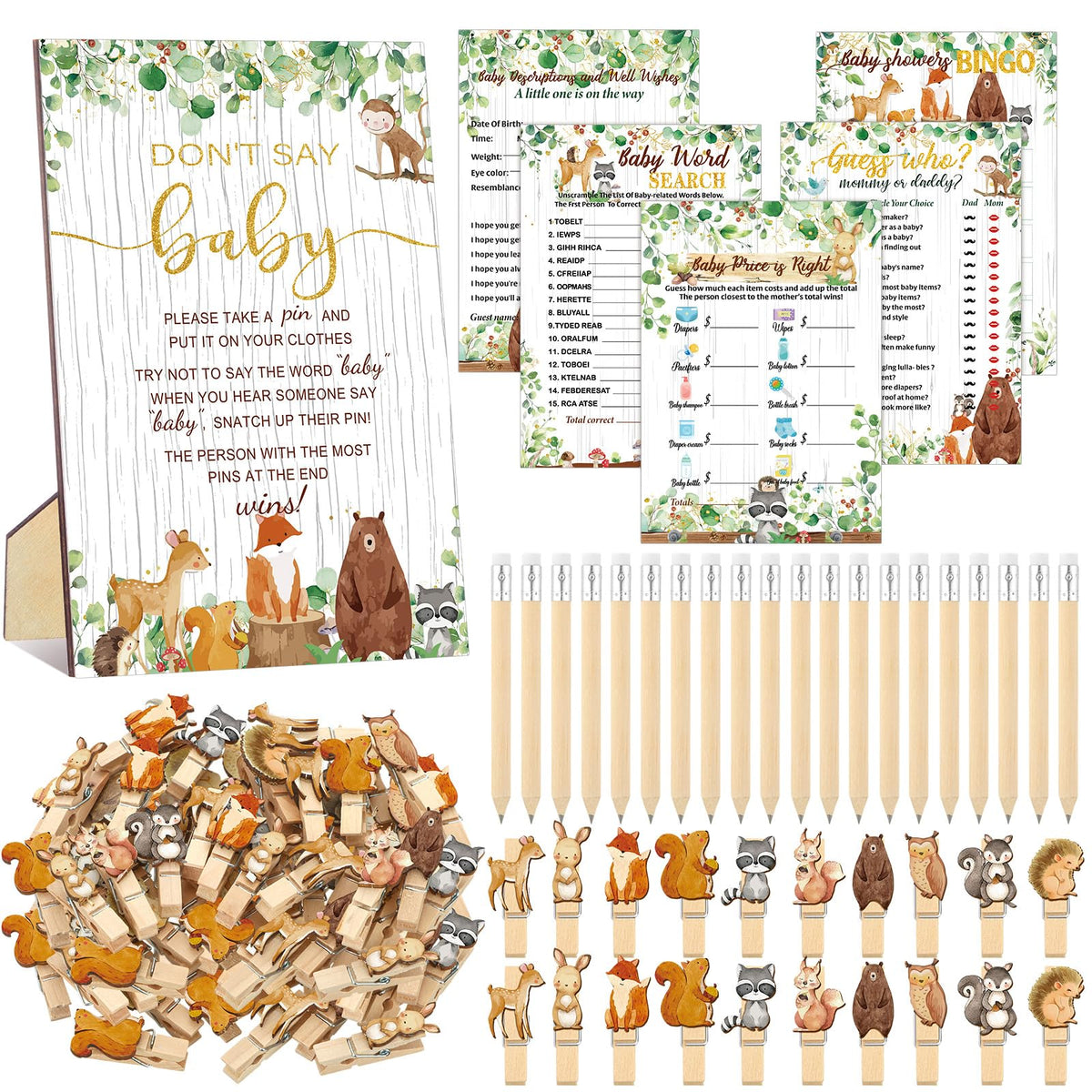 Patelai woodland animals Don't Say Baby sign for neutral baby shower decor