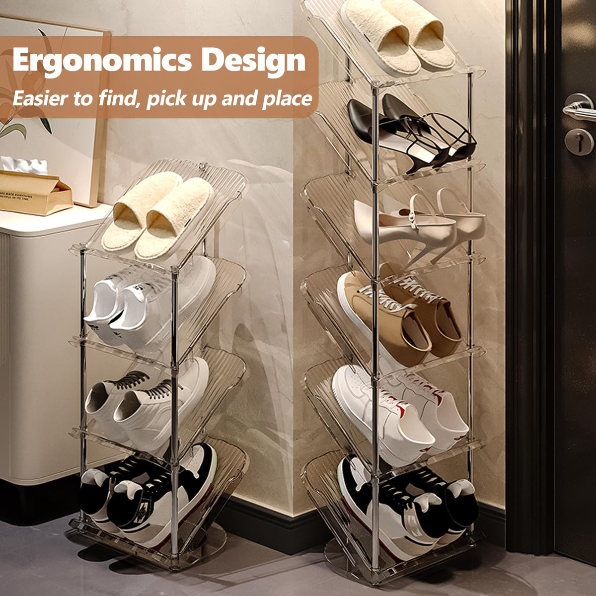 Patinao tilted 45-degree design highlights space efficiency for more footwear.