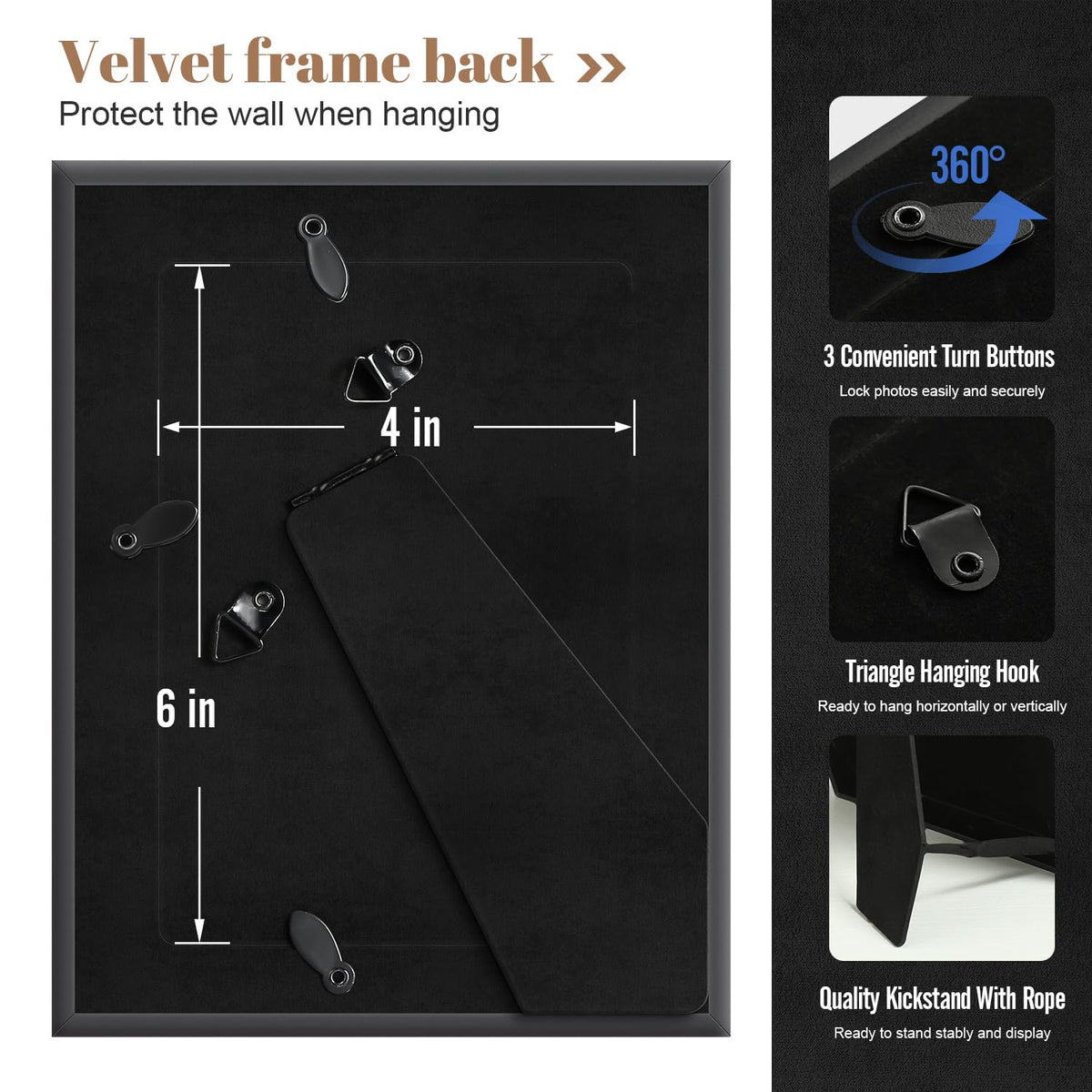 Patouque easy mounting swivel tabs enable quick photo loading and wall setup.