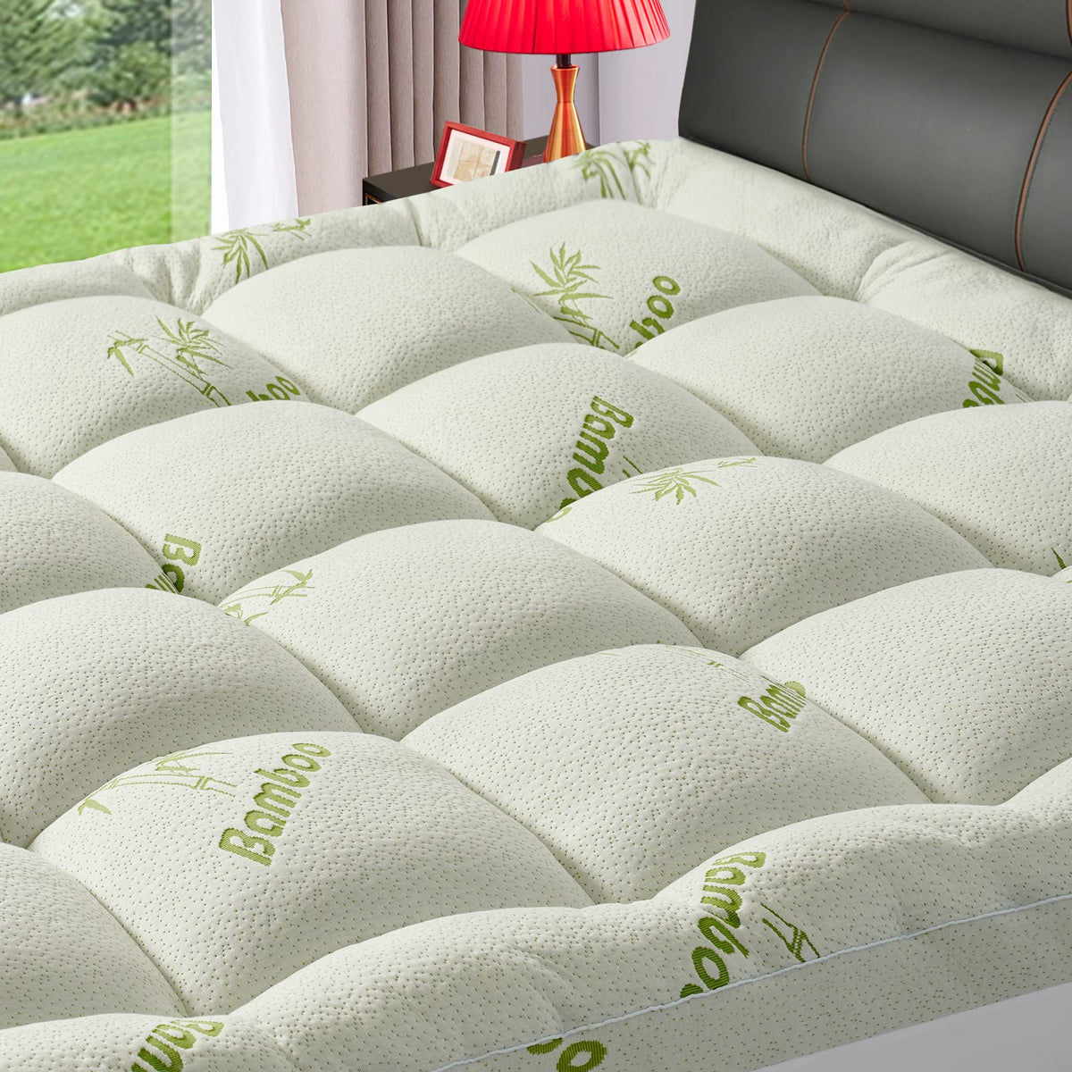 PATSBA bamboo viscose topper on a queen bed delivers breathable cushioning and plush support.