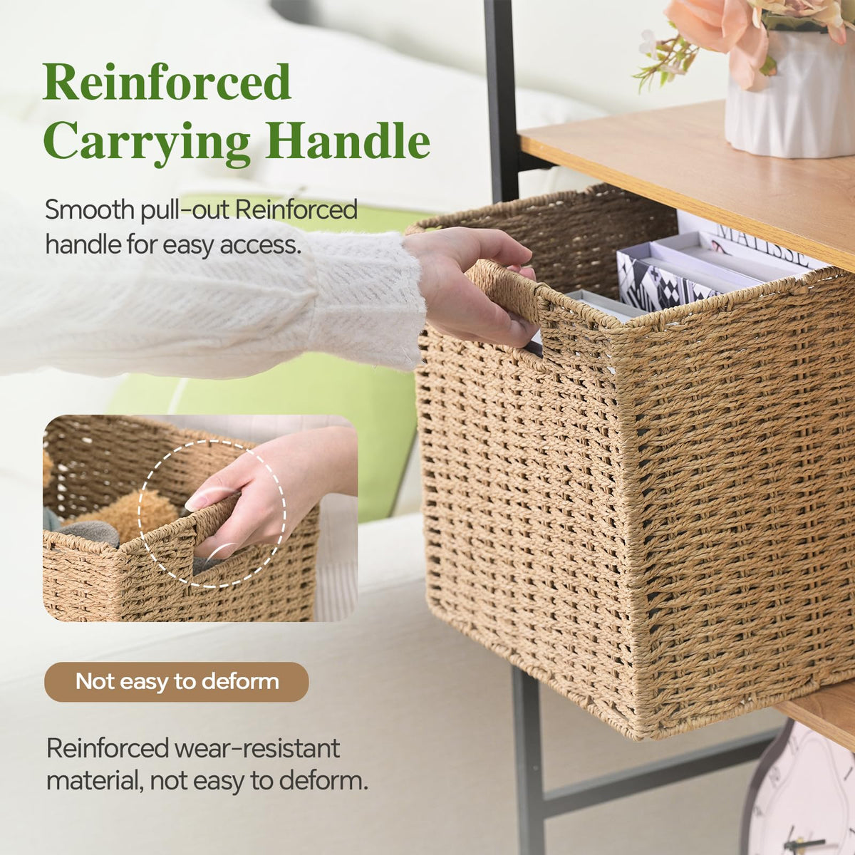 Patvingot handwoven storage bin on shelves adds artisanal organization