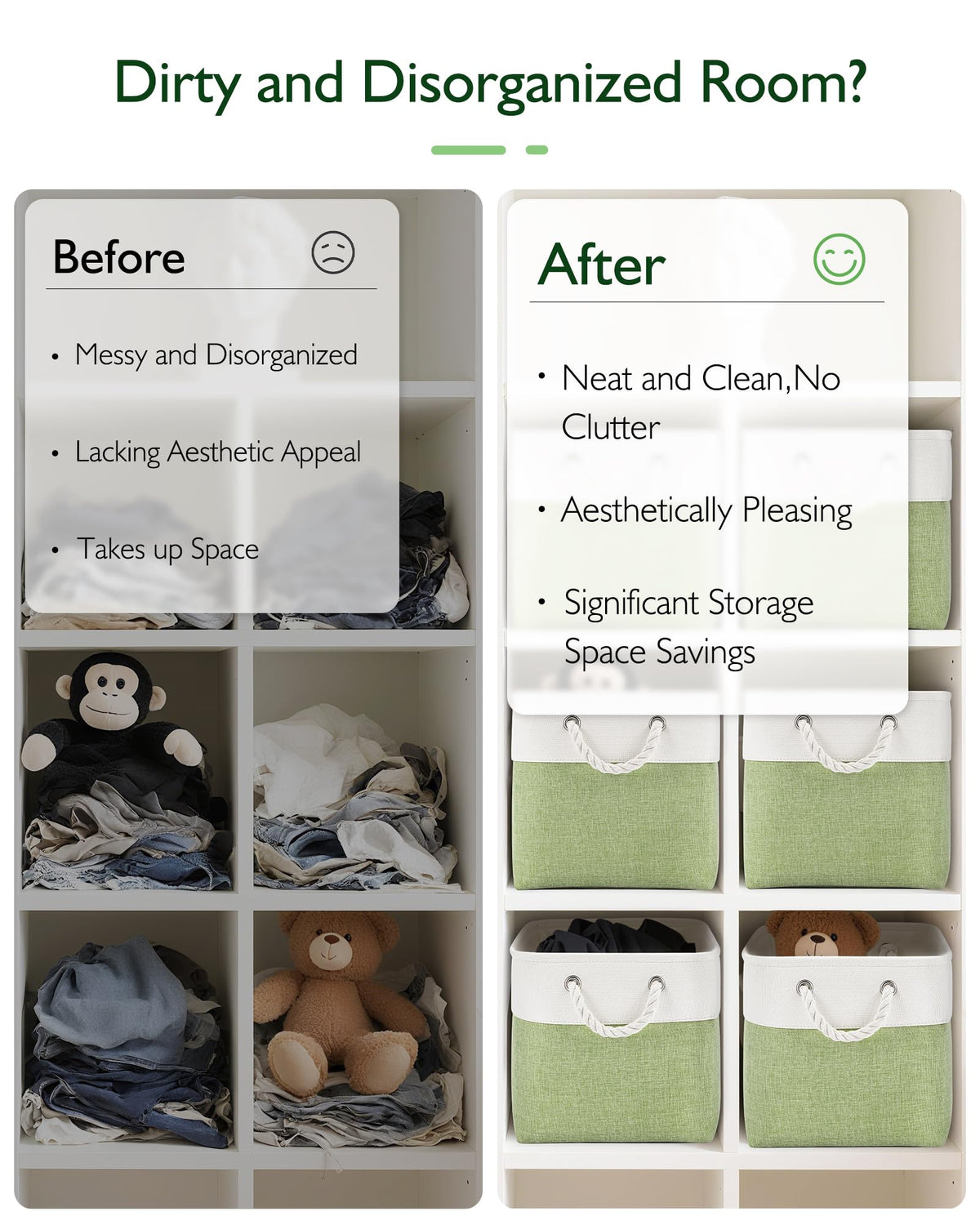 Patvingot white-green bins for towels and laundry in any room