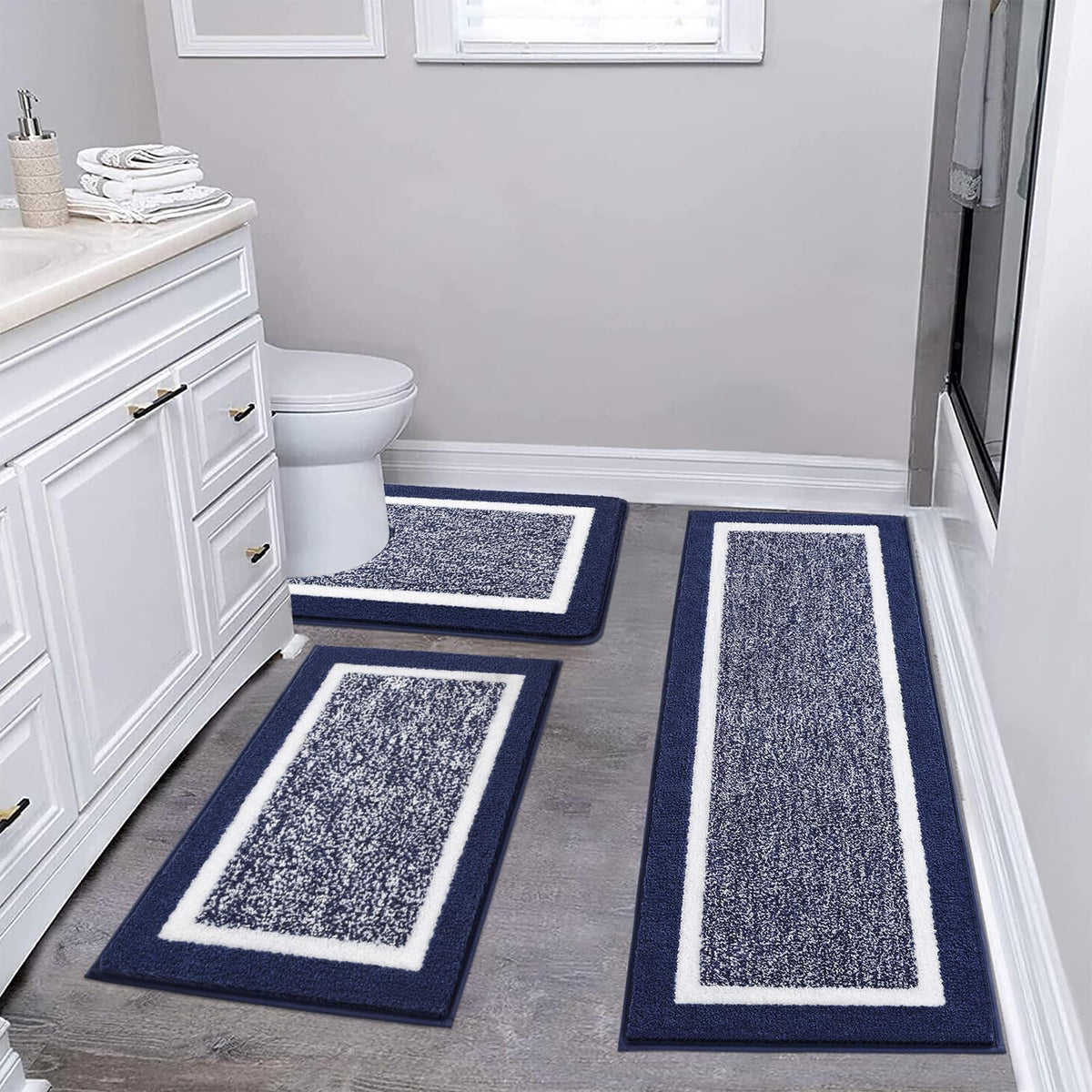 Pauwer 3-piece bath mat set navy with non-slip plush rugs for bathroom floors