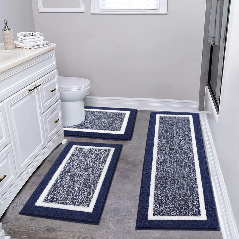 Pauwer 3-piece bath mat set navy with non-slip plush rugs for bathroom floors