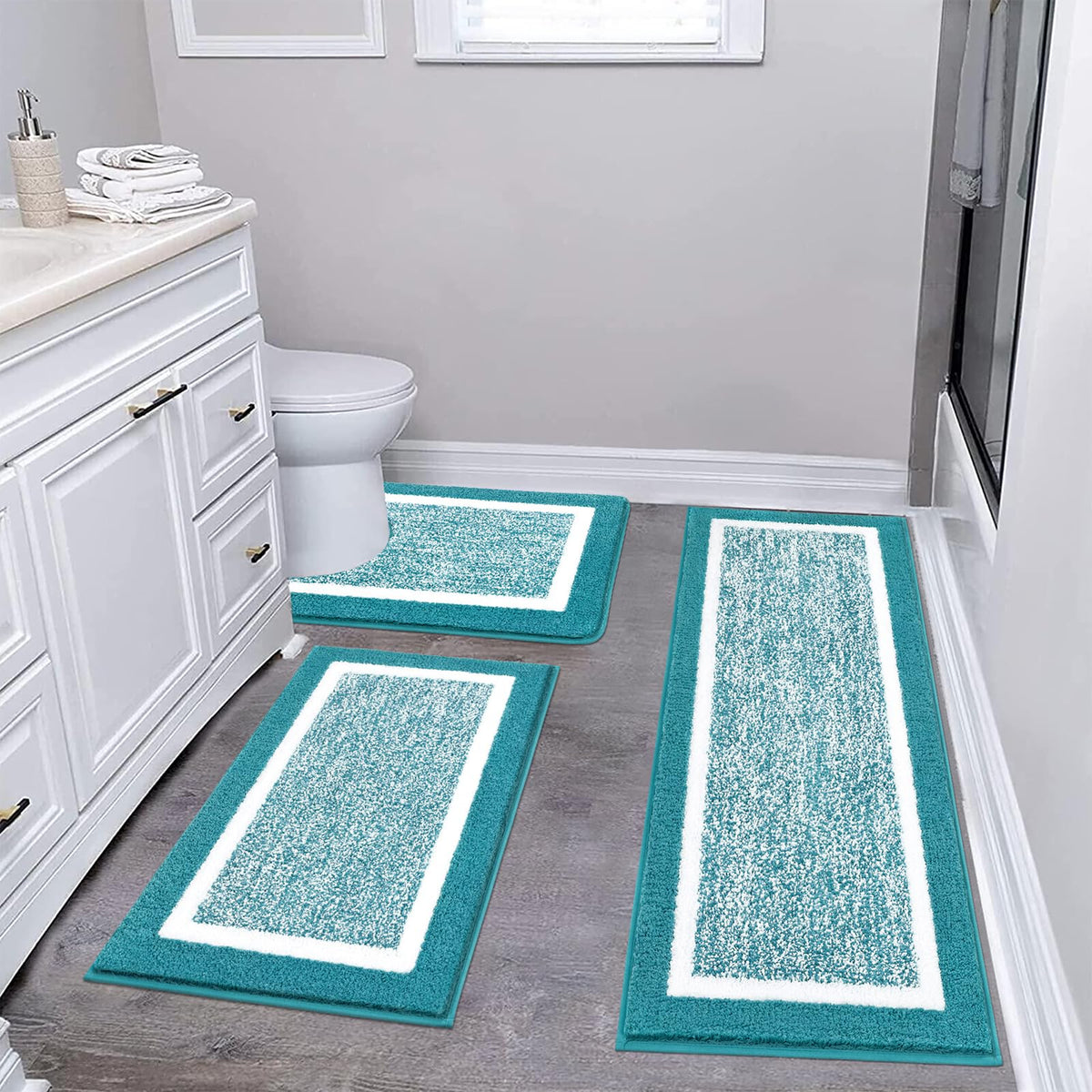 Pauwer 3-piece bath mat set overview showing cozy, non-slip design.