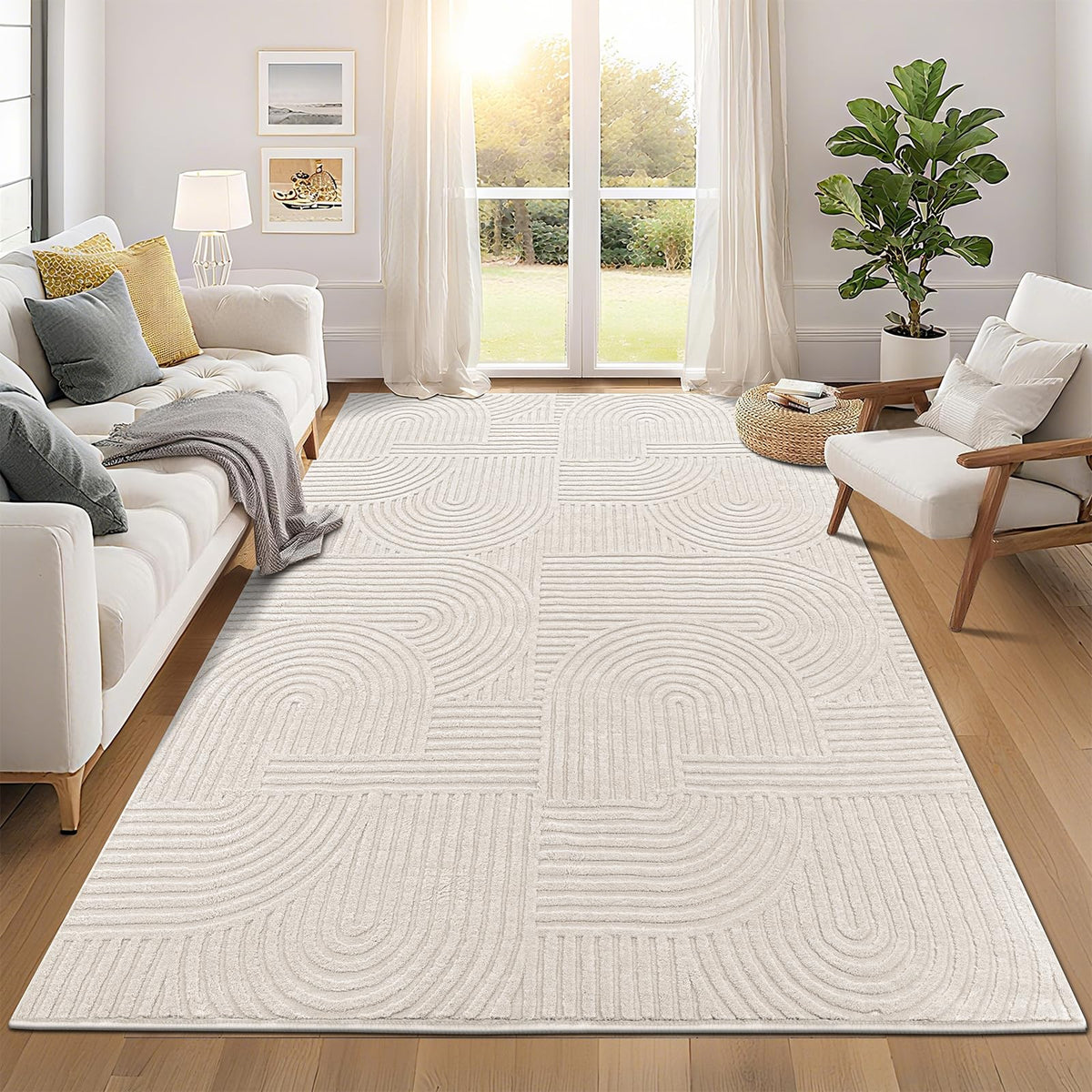Pauwer 6x9 washable area rug in soft beige offers barefoot-friendly comfort on hardwood floors.