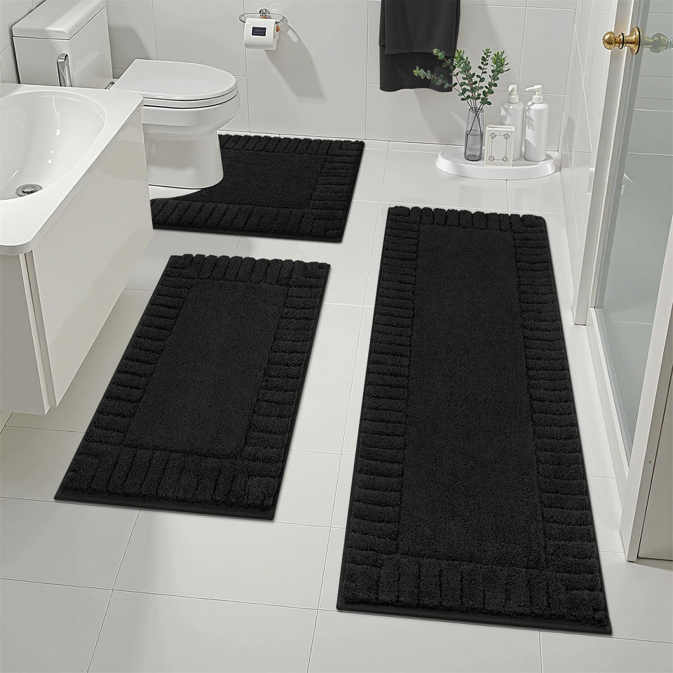 Pauwer 3-piece bathroom rug set front view shows plush, warm comfort on black mats