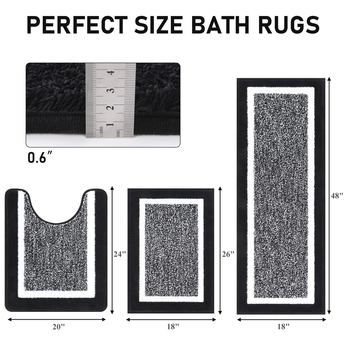 Pauwer black bath mat set around the U-shaped toilet area