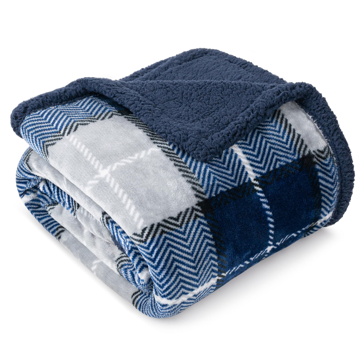 PAVILIA blue navy plaid sherpa throw blanket on bed, showcasing plush warmth.