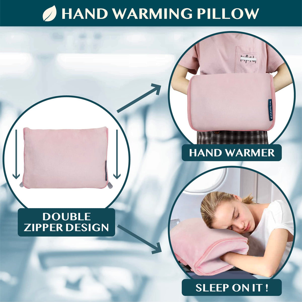 PAVILIA dual-zip pocket provides head support and warmth on the plane.