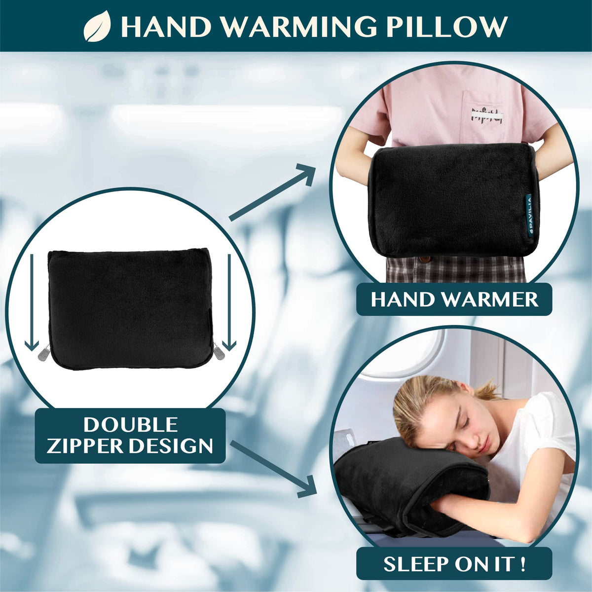 PAVILIA dual-zip pouch doubles as a hand warmer cushion.