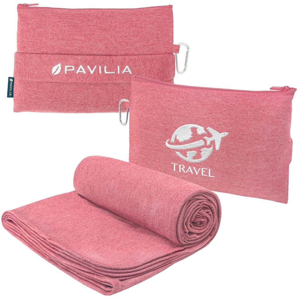 PAVILIA folded blanket in bag for compact storage.