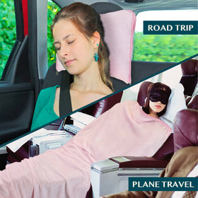 PAVILIA luggage strap secures blanket to suitcase or backpack.