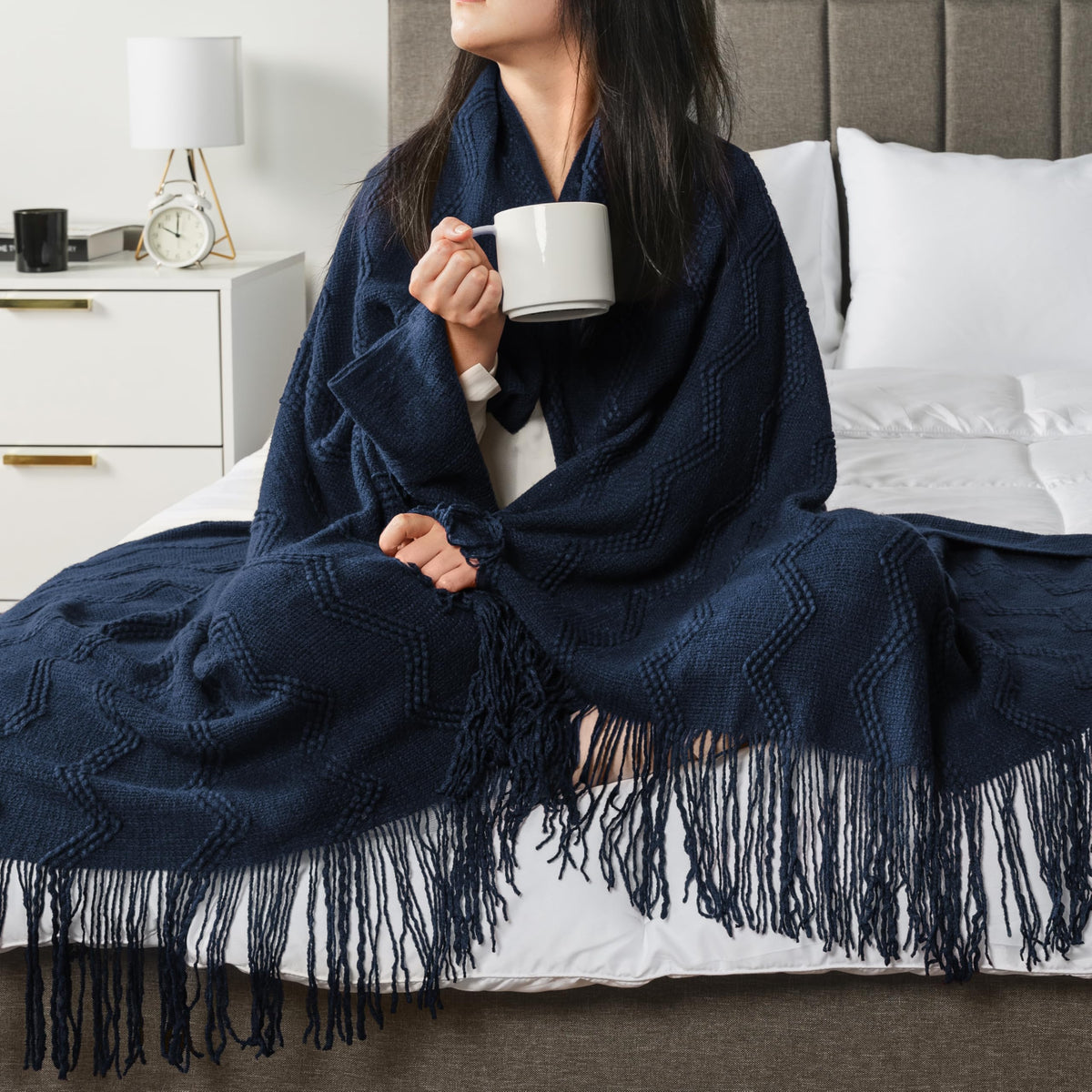 PAVILIA navy blue knit throw soft and lightweight comfort.