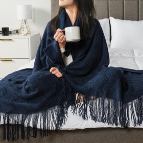 PAVILIA navy blue knit throw soft and lightweight comfort.