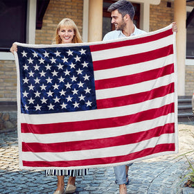 Pavilia Patriotic Blanket care guide showing cold wash and low tumble dry.