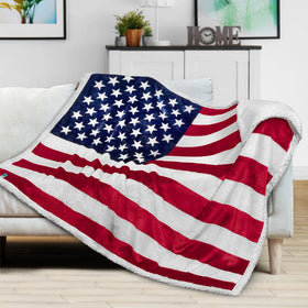 Pavilia Patriotic Blanket folded on ottoman as a cozy living room accent.
