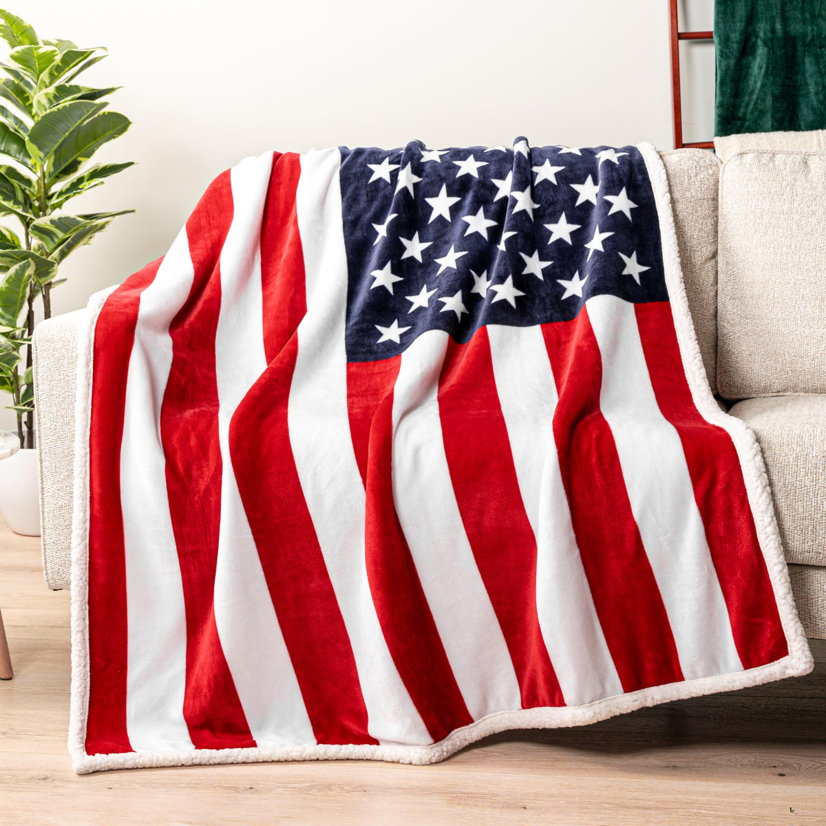 Pavilia Patriotic Blanket with US flag print on a cozy living room throw.