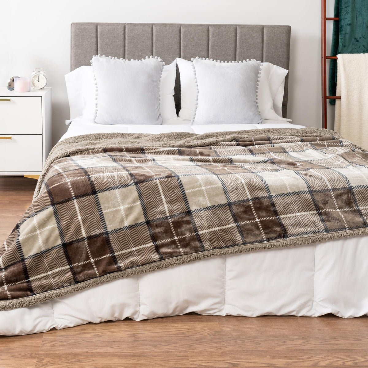 PAVILIA plaid sherpa close-up texture showing plush softness