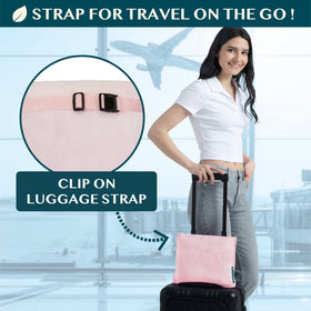 PAVILIA airplane blanket doubles as neck-supporting pillow during flights.
