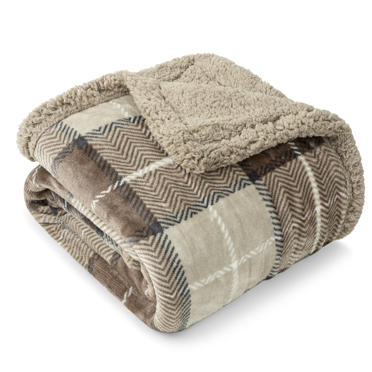 PAVILIA taupe plaid sherpa blanket on couch for extra warmth