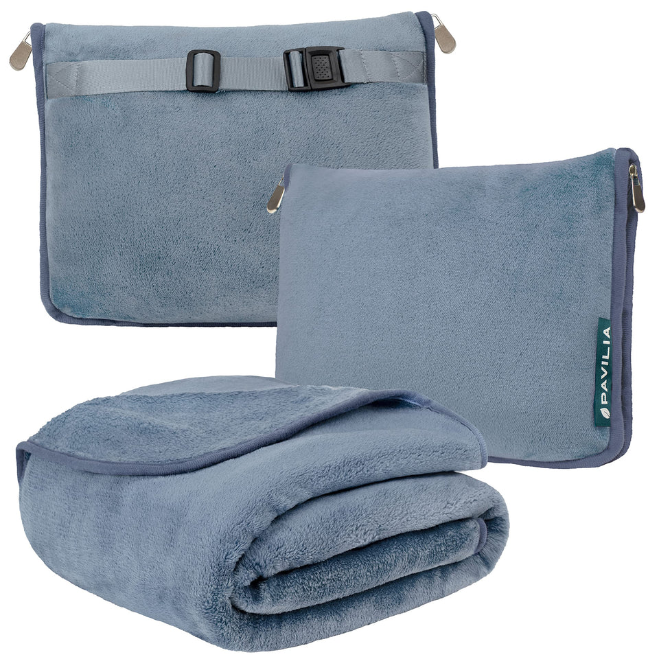 PAVILIA travel blanket 2in1 combo ready for compact packing and cozy warmth.