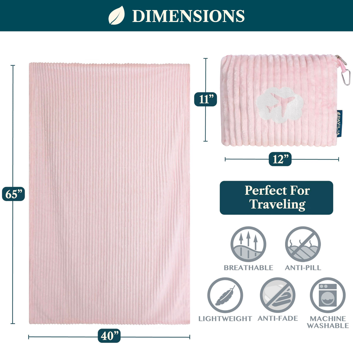 PAVILIA travel blanket measures 65 by 40 inches for versatile warmth
