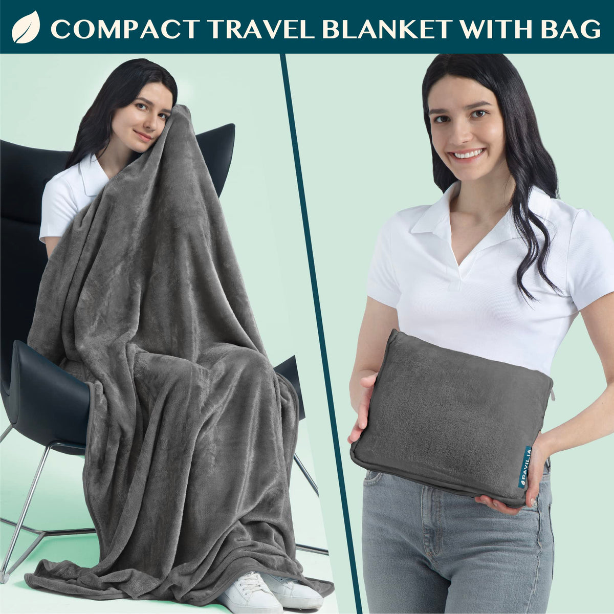 PAVILIA travel blanket pillow in airplane compact form for easy packing