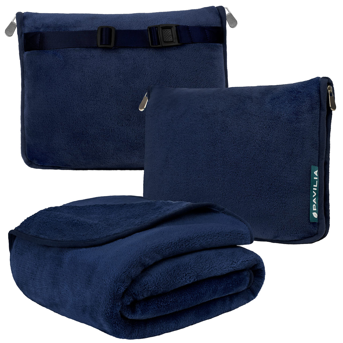 PAVILIA 2-in-1 travel blanket and pillow folded into a compact case for easy storage.