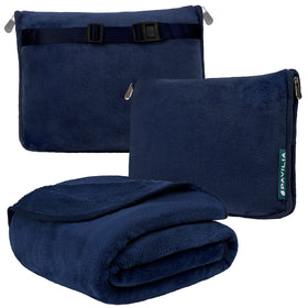 PAVILIA 2-in-1 travel blanket and pillow folded into a compact case for easy storage.