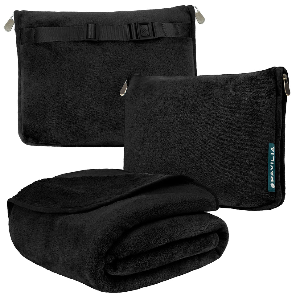 PAVILIA travel blanket pillow in black, cozy 60x43 inches for flights.