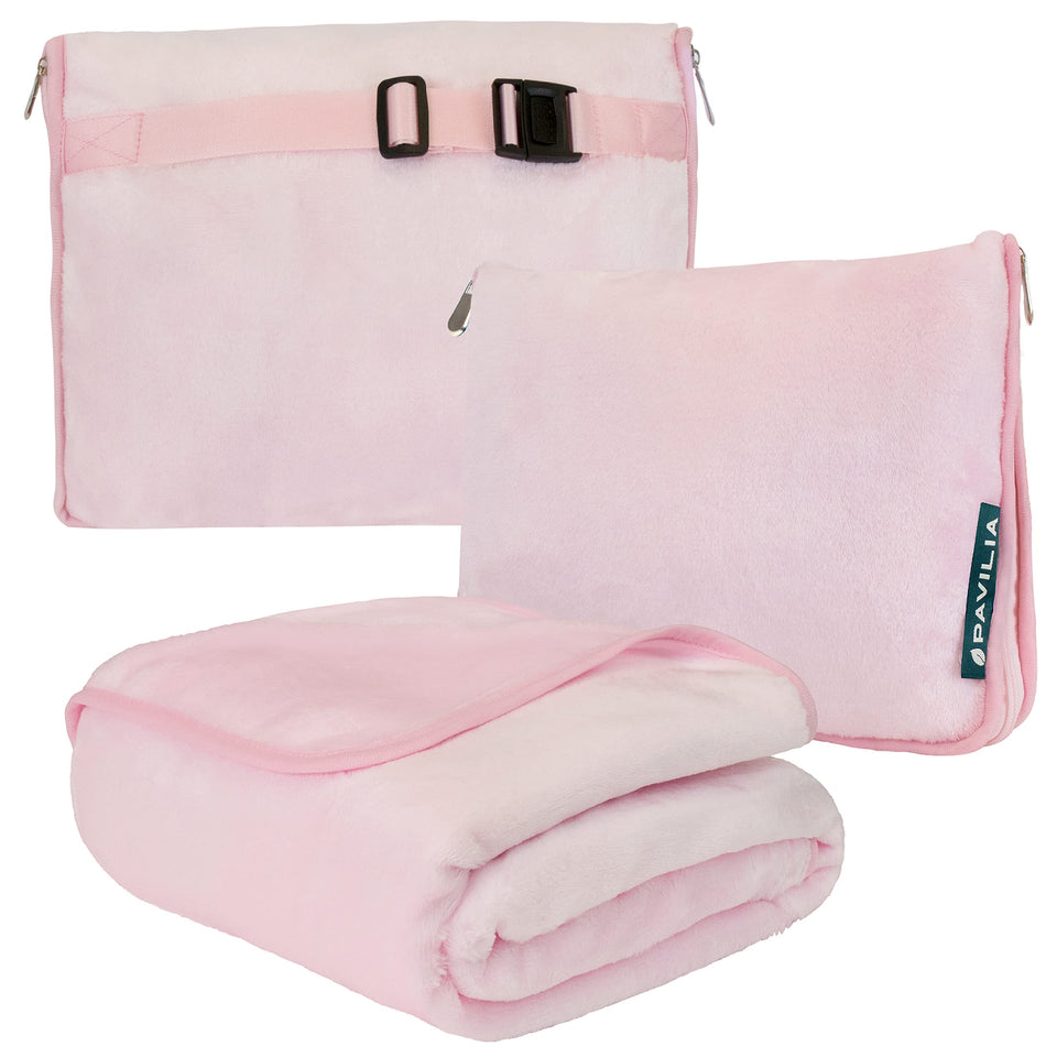 PAVILIA travel blanket two-in-one setup for easy storage on the go.