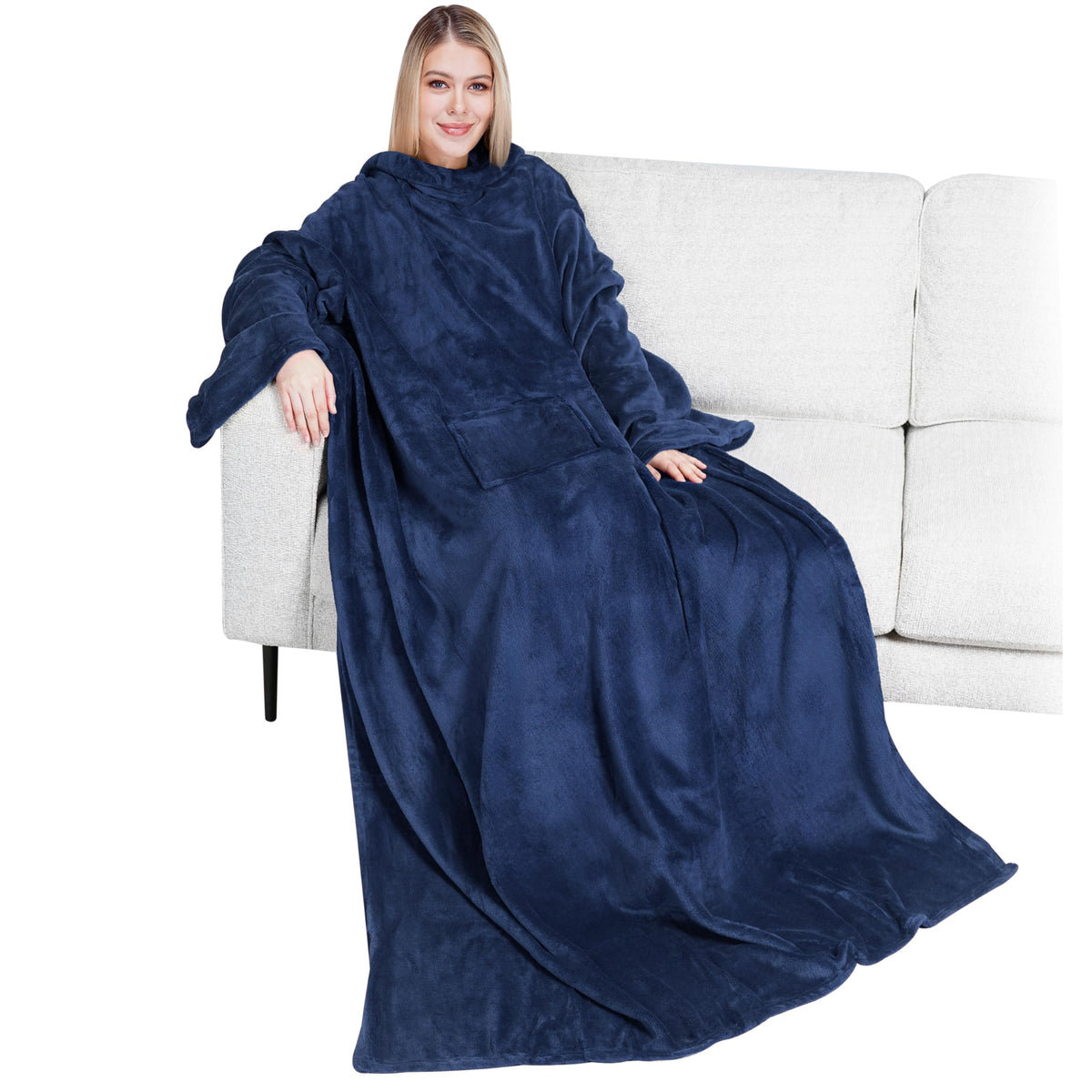 PAVILIA wearable blanket with navy sleeves for hands-free cozy lounging.